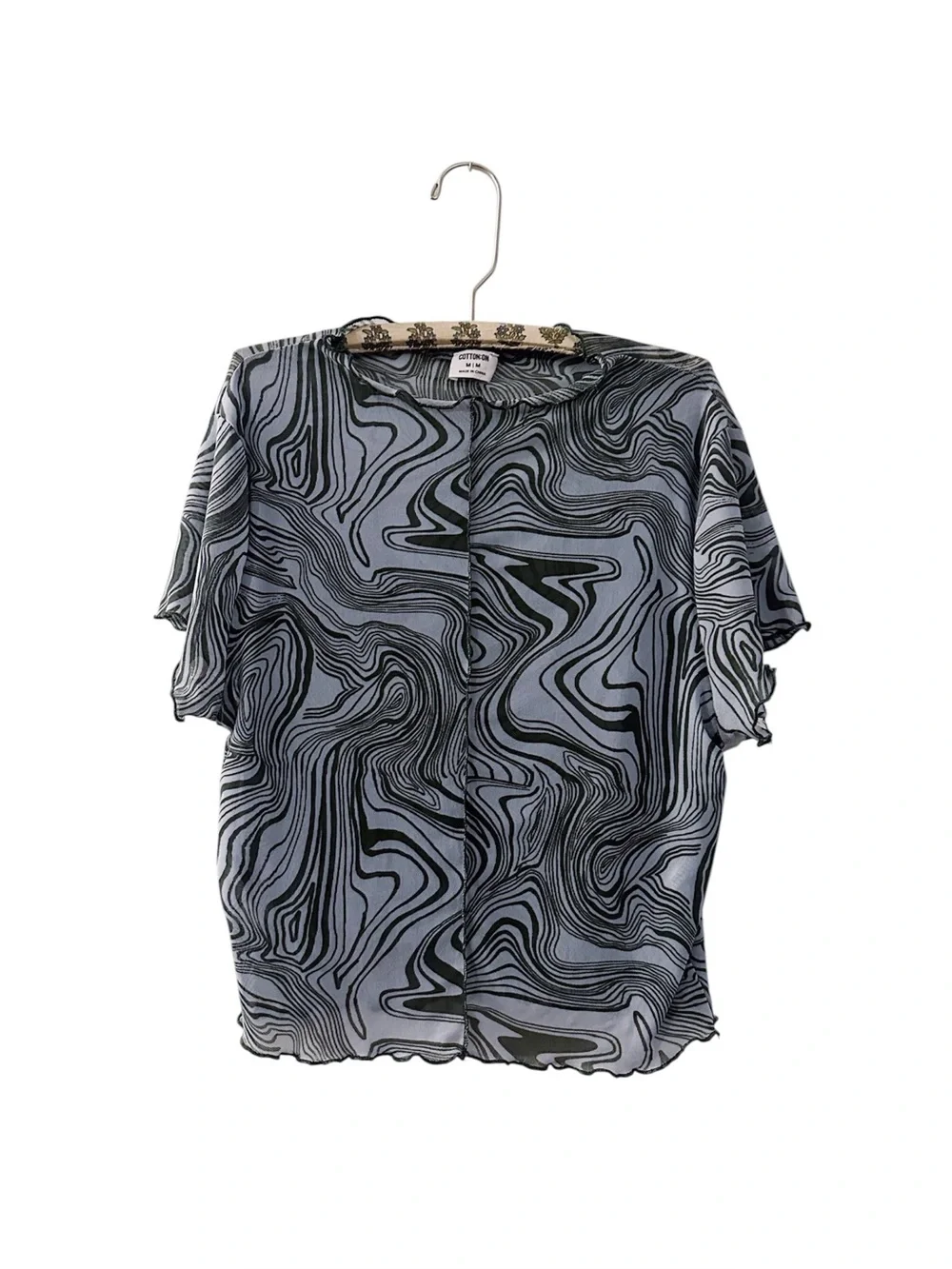 Cotton On Mesh Short Sleeve Top Wavey Trippy Print Green Blue Lettuce Hem - Picture 1 of 5